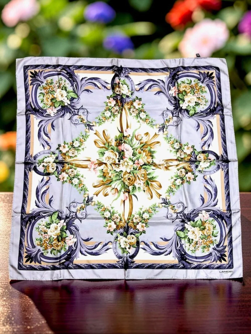 Beautiful Lancel Paris 100% Silk Satin Scarf 34" beige olive green floral (34 - Picture 3 of 9